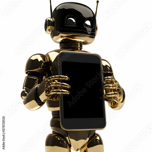 Golden Robot Holding Tablet...