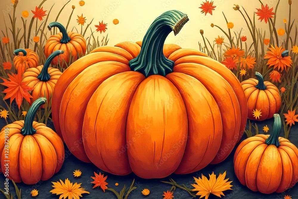 Vibrant Autumn Pumpkins and Flowers in a Fall Scene Vibrant Autumn Pumpkins and Flowers in a Fall Scene