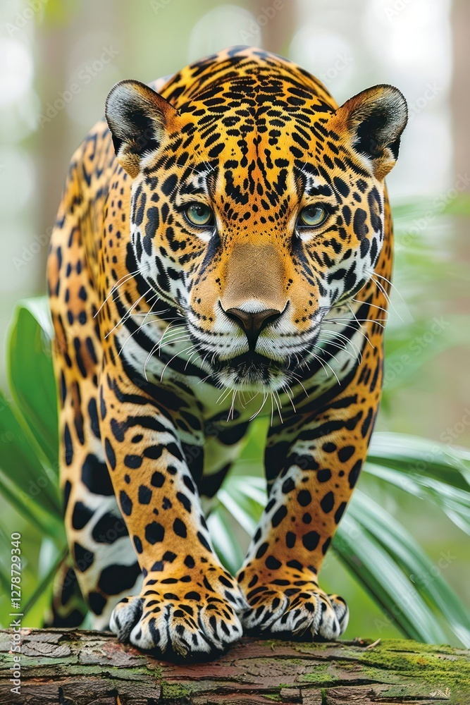 Obraz premium A close-up of a jaguar prowling through a lush, green forest environment.