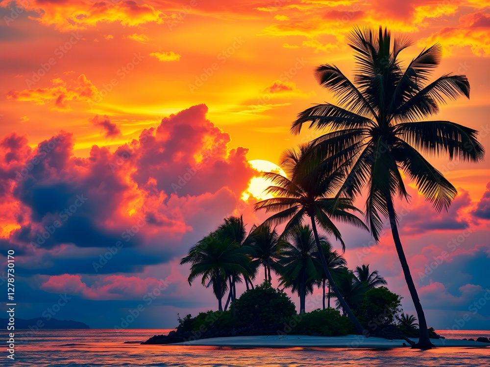 Fototapeta premium Island Sunset Paradise: This photo of a tropical island under a stunning sunset sky paints a picture of tranquility. Palm trees frame the view of the sun, nestled behind dramatic clouds.