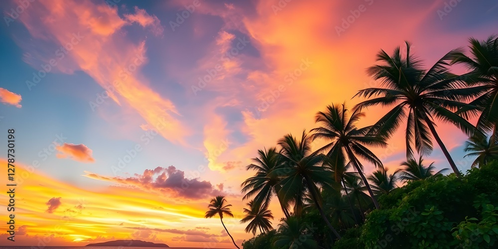 Fototapeta premium Tropical Sunset Serenity: The sky ablaze with vibrant hues of orange, pink, and blue, framing silhouette palm trees and creating a sense of warmth and tranquility, promising a day's end in paradise.