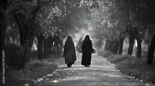 Monochrome Tree-Lined Path,...