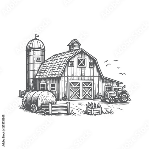 Hand drawn illustration of Hand Drawn Farm Sketch featuring detailed vintage style artwork for design and artistic projects