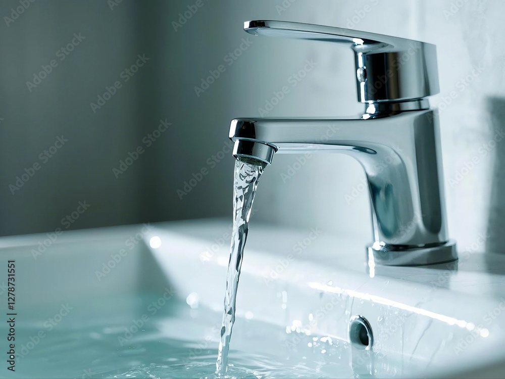 Realistic close-up of chrome washbasin tap with running water and sunlight ,sky background,The faucet of the kitchen sink is running and water is flowing out Realistic close-up of chrome washbasin tap with running water and sunlight ,sky background,The faucet of the kitchen sink is running and water is flowing out