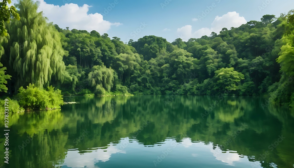 Serene Green Lake Surrounded by Lush Forest: Tranquil Nature Escape Serene Green Lake Surrounded by Lush Forest: Tranquil Nature Escape
