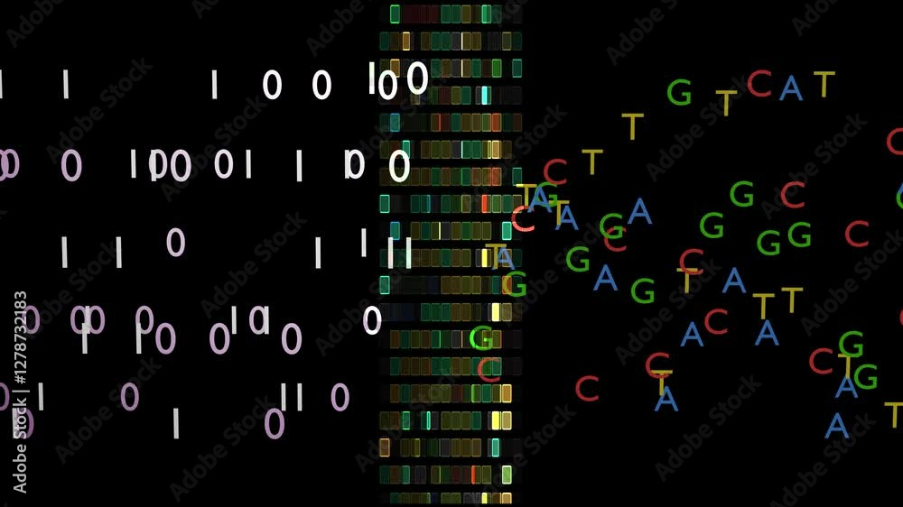 DNA digital data storage. ATCG four basic nucleotides in DNA. Encoding / decoding binary data to / from DNA strands. Transforming digital and DNA information. 3d render animation.