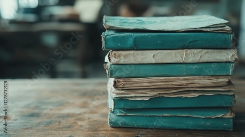 A charming stack of old books rests on a rustic wooden table, capturing a sense of wisdom and nostalgia, inviting readers into a world of stories and knowledge. photo