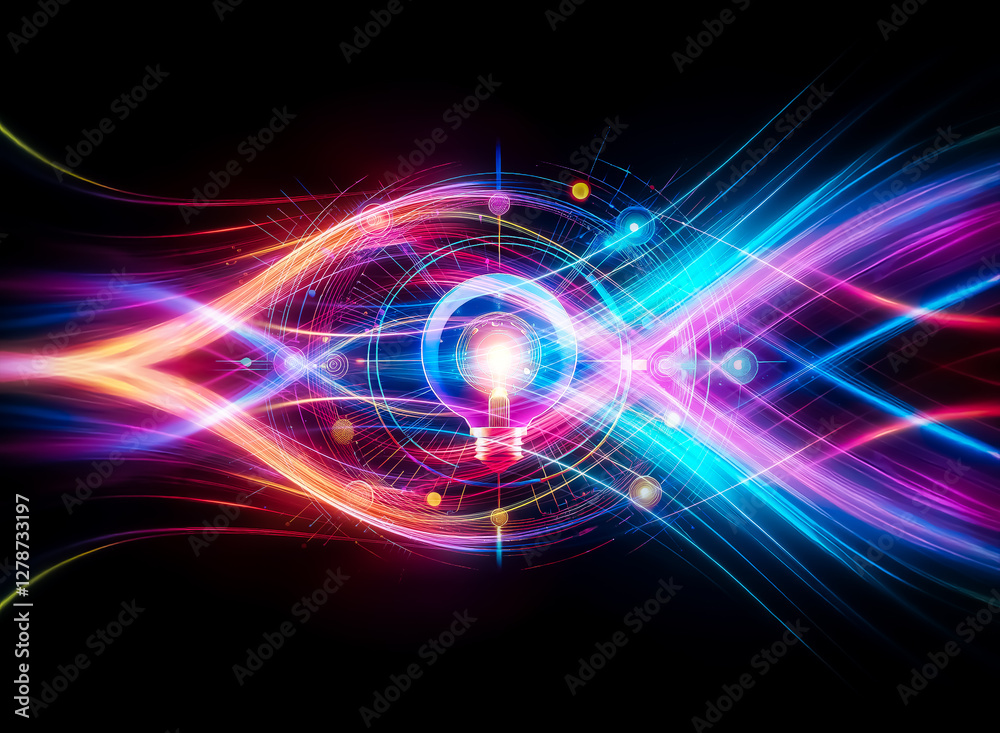 Obraz premium Vibrant abstract glowing light bulb at center with circular neon lines, bright dots on dark backdrop. Futuristic, technology, idea concept.