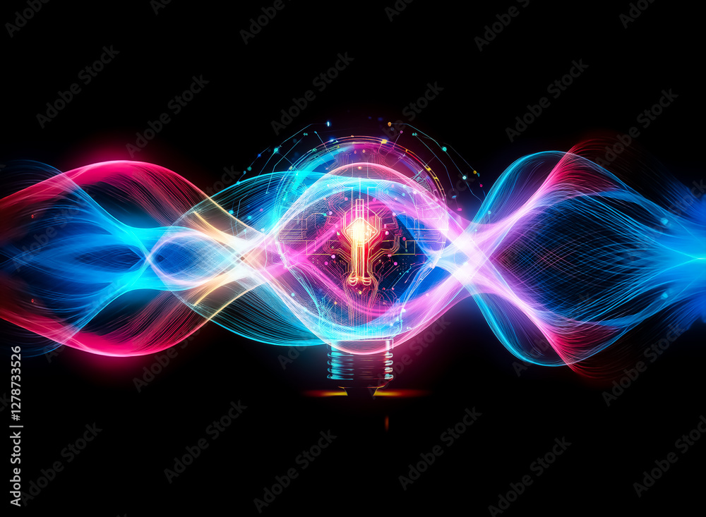 Naklejka premium Glowing light bulb with circuit board patterns and digital connections, radiating vibrant colors against a dark backdrop, representing innovation and technological concepts.
