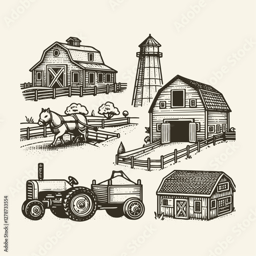 Hand drawn illustration of Vintage Hand Drawn Farm Assets featuring detailed vintage style artwork for design and artistic projects
