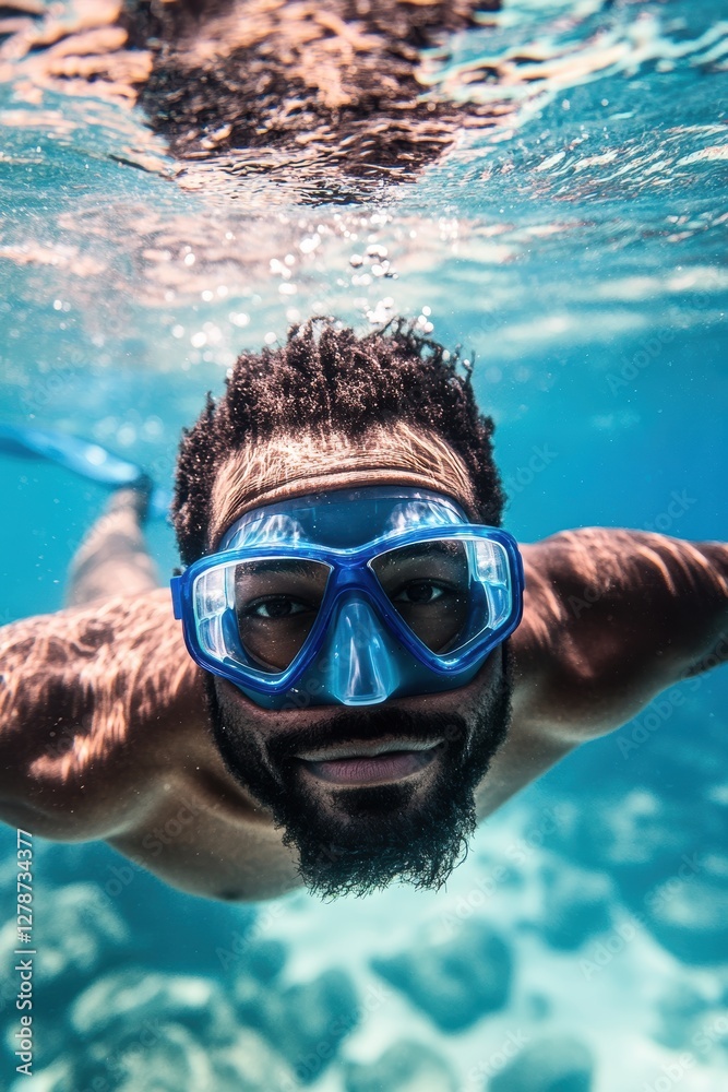 Naklejka premium Man swimming underwater with snorkeling gear enjoying ocean adventure and marine life in tropical waters, vibrant sea activity and leisure fun.