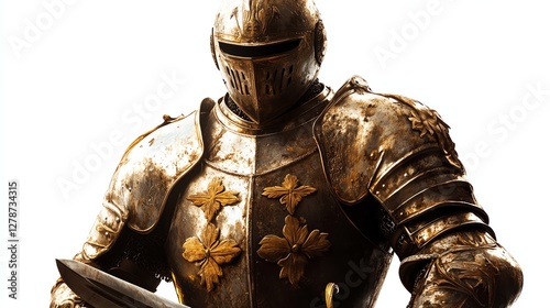 Medieval knight in ornate armor, sword drawn, isolated on white background.