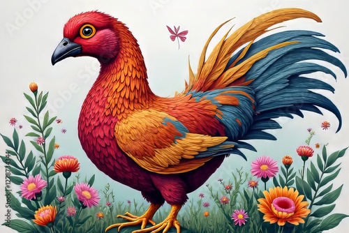 Wallpaper Mural Vibrant Rooster in a Floral Garden Illustration Torontodigital.ca