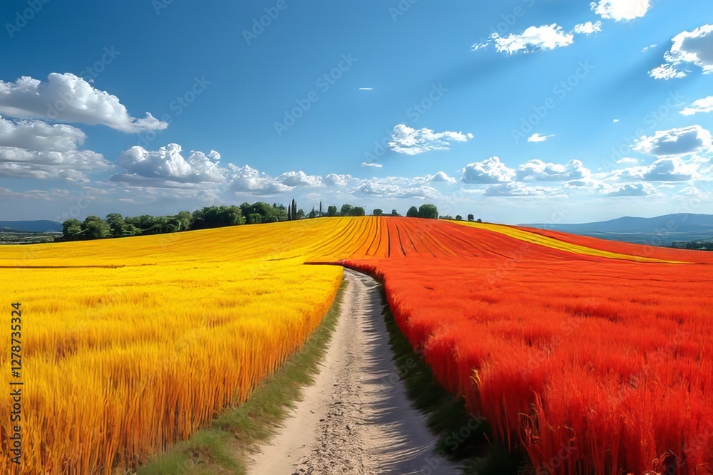 Fototapeta premium Vibrant Yellow and Red Fields Under a Blue Sky, Countryside Landscape