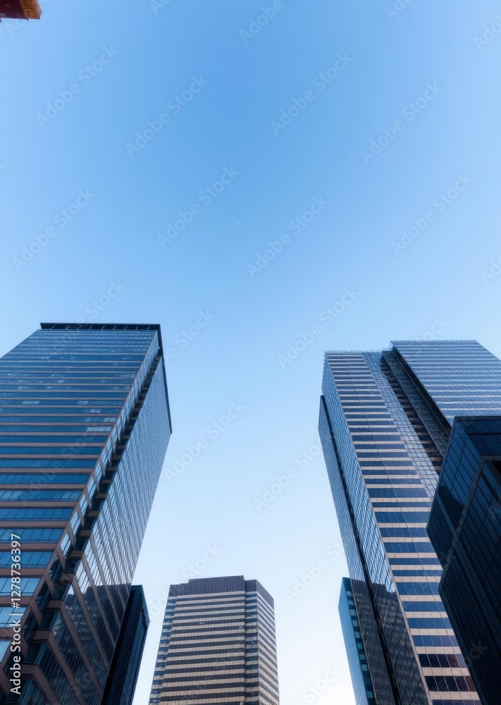 Modern skyscrapers, low angle view, glass facades, reflective surfaces, clear blue sky, urban architecture, geometric shapes, tall buildings, financial district, city skyline, corporate headquarters, Modern skyscrapers, low angle view, glass facades, reflective surfaces, clear blue sky, urban architecture, geometric shapes, tall buildings, financial district, city skyline, corporate headquarters,