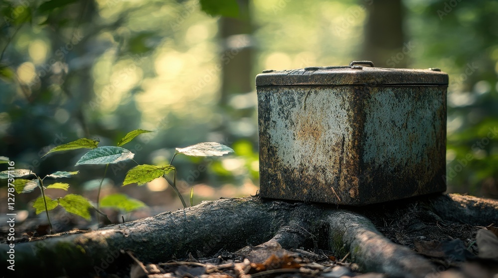 Fototapeta premium Rustic Box on Tree Root Surrounded by Lush Forest Greenery