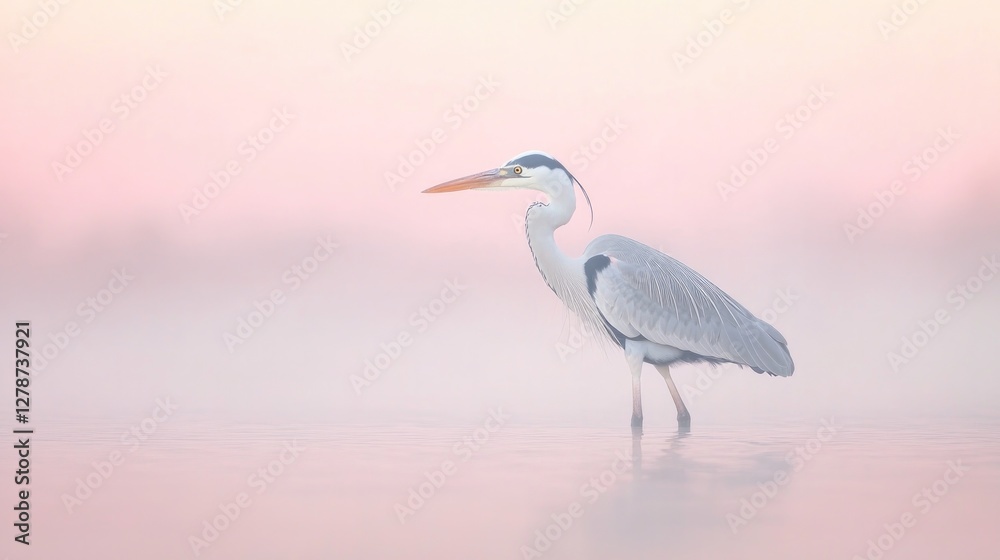 Graceful heron stands in tranquil waters, surrounded by soft pas Graceful heron stands in tranquil waters, surrounded by soft pas