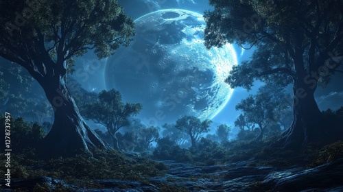 An enchanting forest on an alien planet features whimsical trees beneath a large moon illuminated by a mystical glow. photo