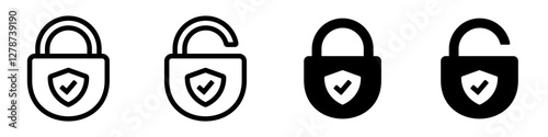 Safe protection lock icon. Padlock with shield and tick. Locked and unlocked padlock in line and flat design. Vector illustration. Editable stroke EPS 10