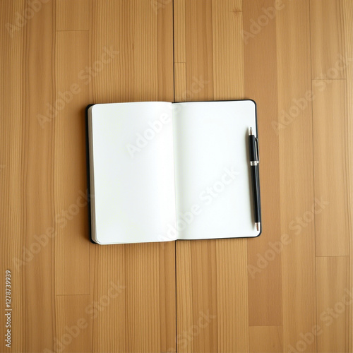 Open Notebook with Pen on Wooden Surface for Writing and Creativity