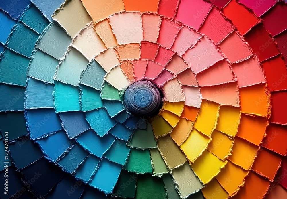 Fototapeta premium A detailed color wheel with each shade representing different colors of paint, arranged in an intricate spiral pattern, showcasing the diversity and complexity of paints for interior painting.
