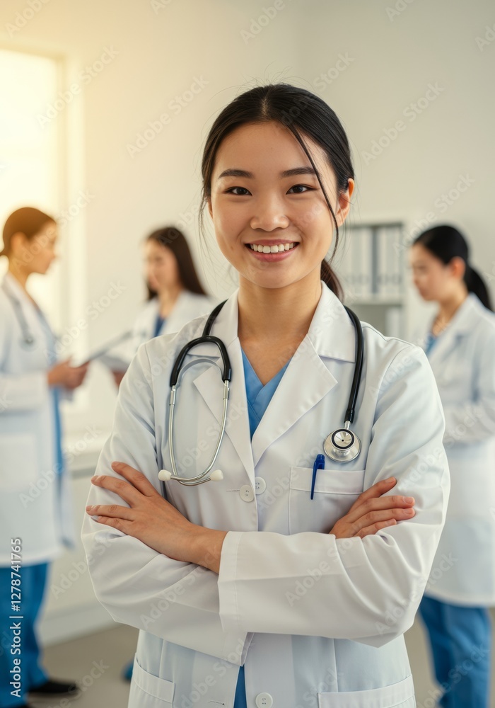Confident Asian Doctor Smiling with Stethoscope in Hospital, Team in Background Confident Asian Doctor Smiling with Stethoscope in Hospital, Team in Background