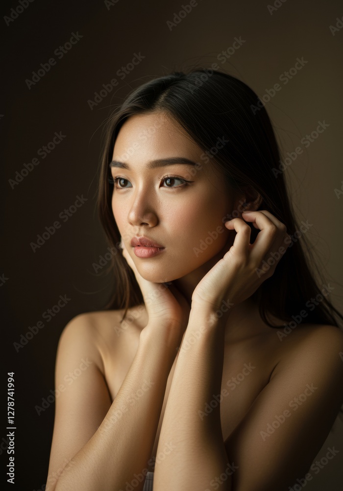 Obraz premium Thoughtful Asian Woman Touching Hair Contemplative Beauty and Self-Care