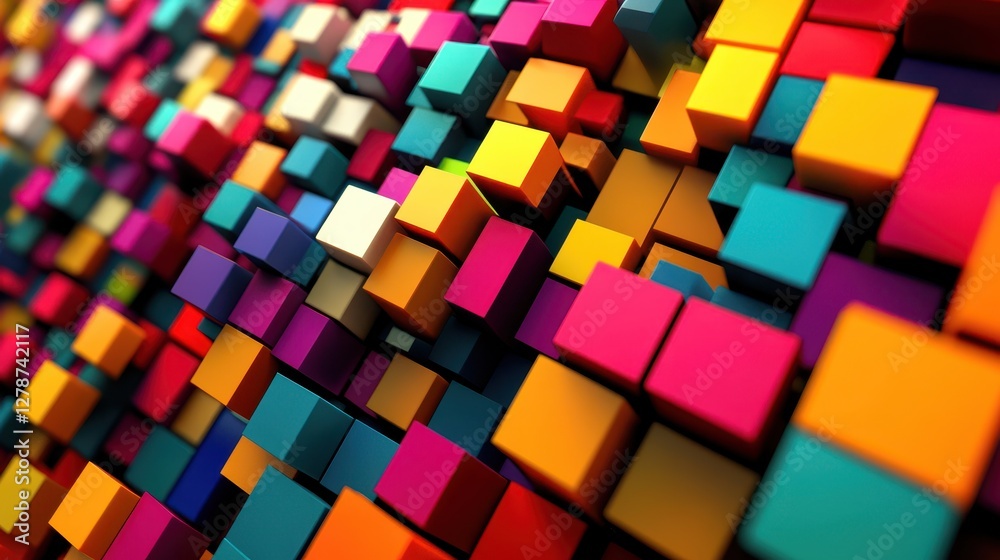 Connected colorful cubes are rendered in 3D, showcasing their vibrant hues and intricate interconnections. Connected colorful cubes are rendered in 3D, showcasing their vibrant hues and intricate interconnections.