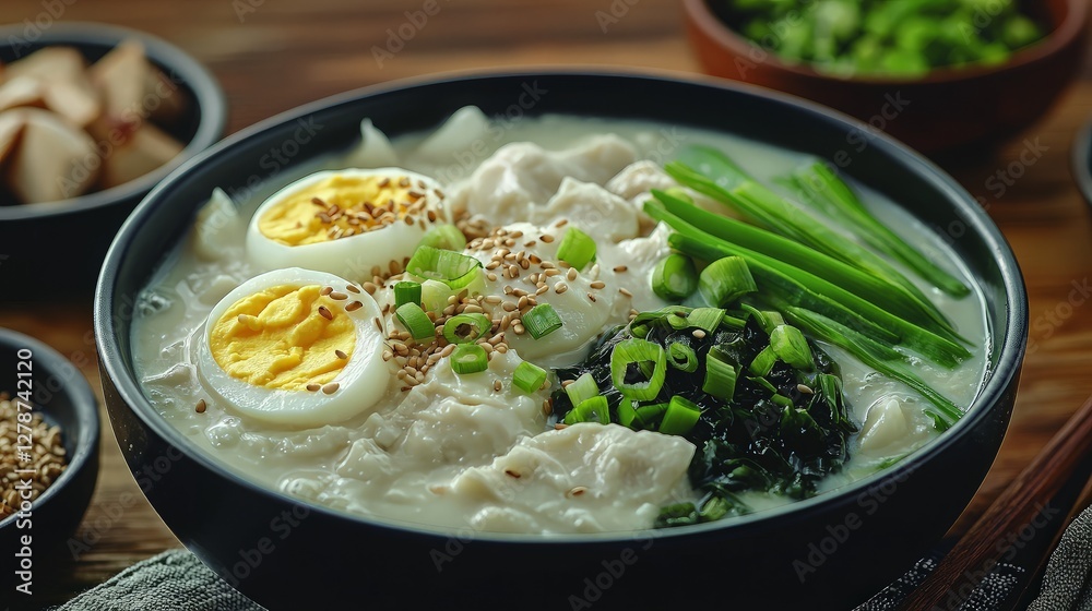 Creamy Chicken Noodle Soup Bowl, Wooden Table, Food Photography, Asian Cuisine, Delicious Dish Creamy Chicken Noodle Soup Bowl, Wooden Table, Food Photography, Asian Cuisine, Delicious Dish