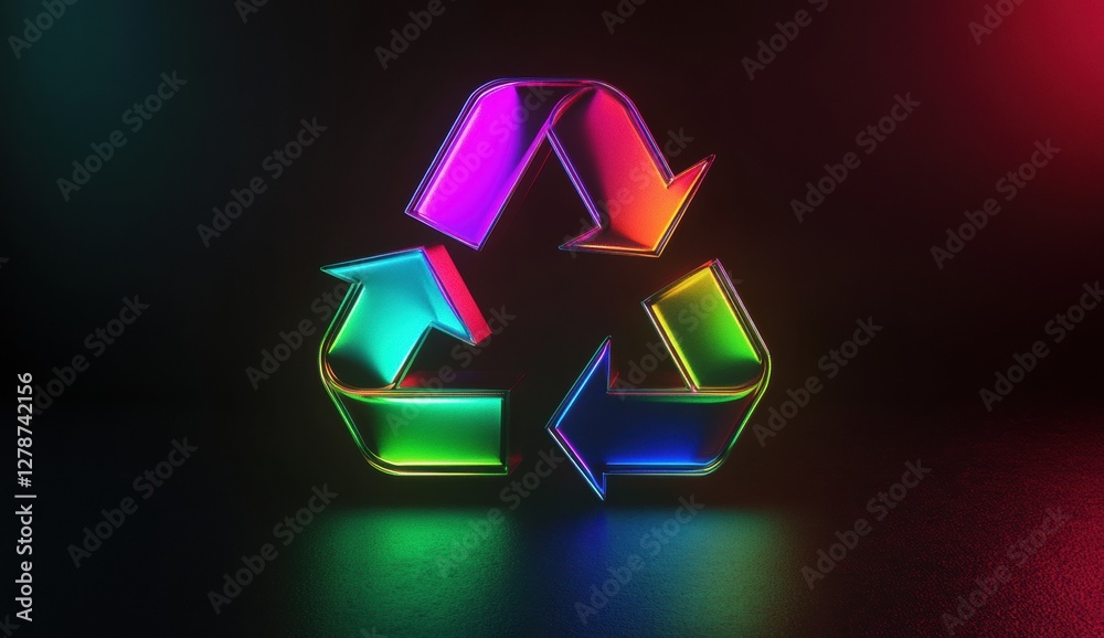 3D render of a recycle icon in the center on a black background, with a neon light effect, holographic style, and rainbow colors 3D render of a recycle icon in the center on a black background, with a neon light effect, holographic style, and rainbow colors