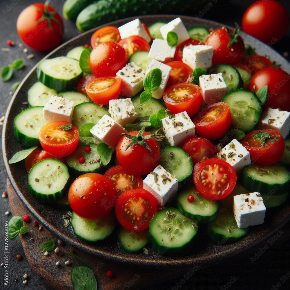 A close-up shot shows a vibrant salad composed of cubed feta cheese, cherry tomatoes, and cucumber slices, artfully arranged on a dark-colored plate.
A close-up shot shows a vibrant salad composed of cubed feta cheese, cherry tomatoes, and cucumber slices, artfully arranged on a dark-colored plate.
