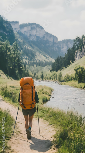 Backpacker Hiking River Val...