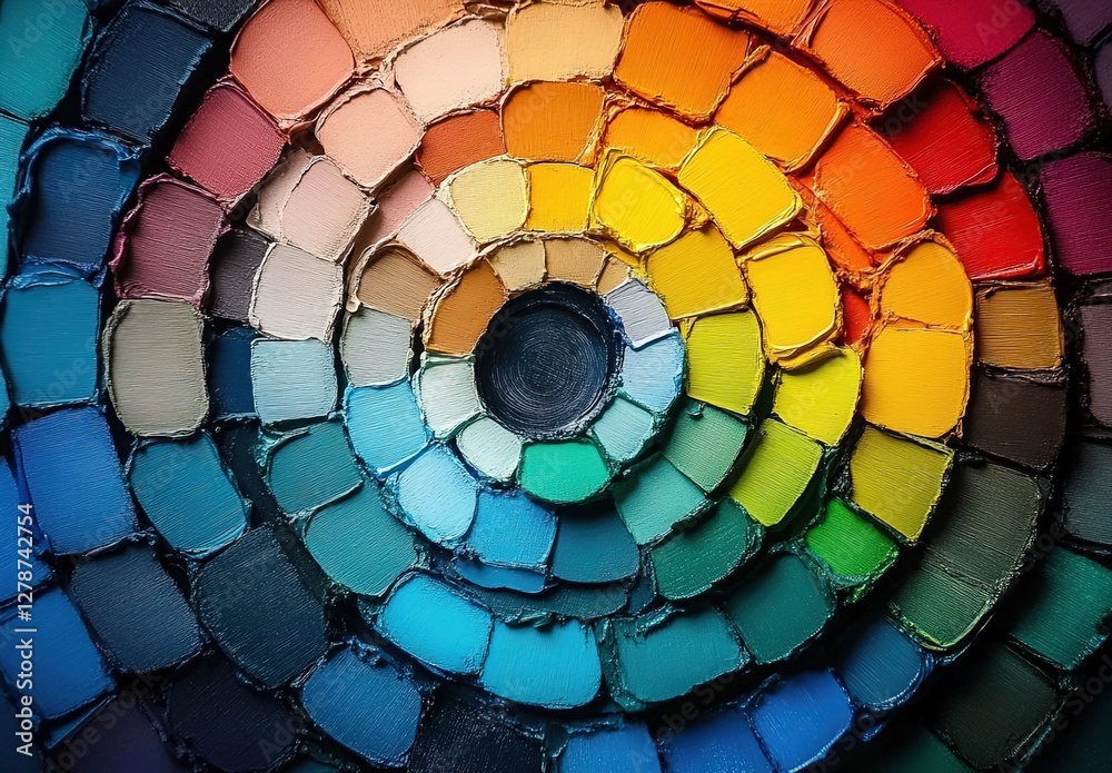 Obraz premium A detailed color wheel with each shade representing different colors of paint, arranged in an intricate spiral pattern, showcasing the diversity and complexity of paints for interior painting.