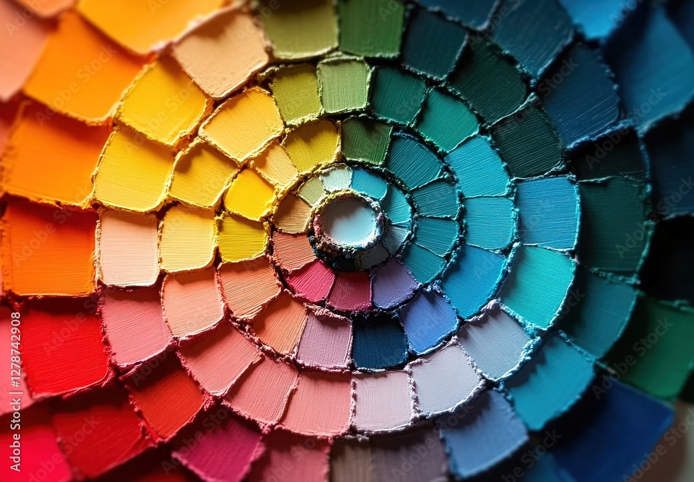 Obraz premium A detailed color wheel with each shade representing different colors of paint, arranged in an intricate spiral pattern, showcasing the diversity and complexity of paints for interior painting.