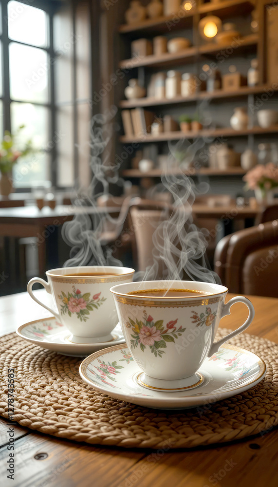 A warm and inviting tea moment with floral-patterned china cups, gentle steam rising, set against the rustic charm of a beautifully decorated cafe. A warm and inviting tea moment with floral-patterned china cups, gentle steam rising, set against the rustic charm of a beautifully decorated cafe.