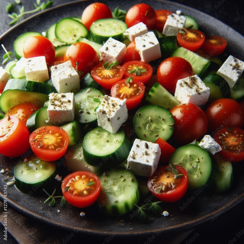 A close-up shot shows a vibrant salad composed of cubed feta cheese, cherry tomatoes, and cucumber slices, artfully arranged on a dark-colored plate.
