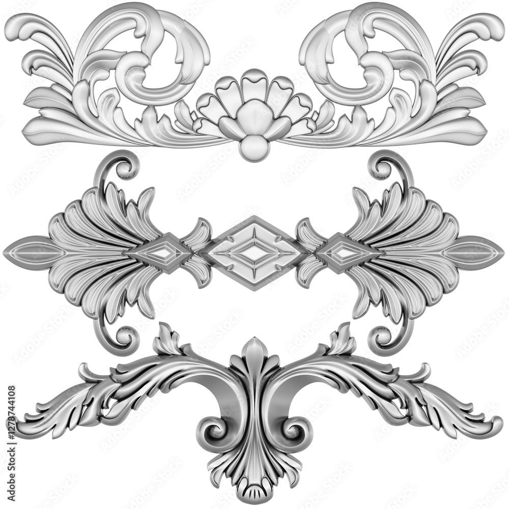 Fototapeta premium Silver ornament on white background, 3D render