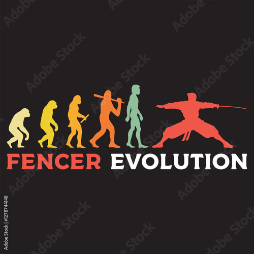 fencer Evolution vector illustration, Human Evolution Silhouette Design, evolution of man T-shirt
