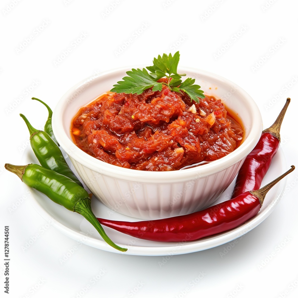 A bowl of red sauce with a bunch of green herbs on top, isolated on white background A bowl of red sauce with a bunch of green herbs on top, isolated on white background