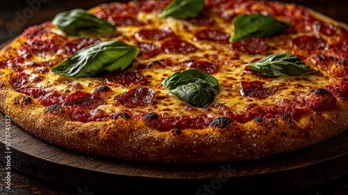 Delicious pepperoni pizza on wooden board, close-up. Ready-to-eat. Use for menu or food photography photo