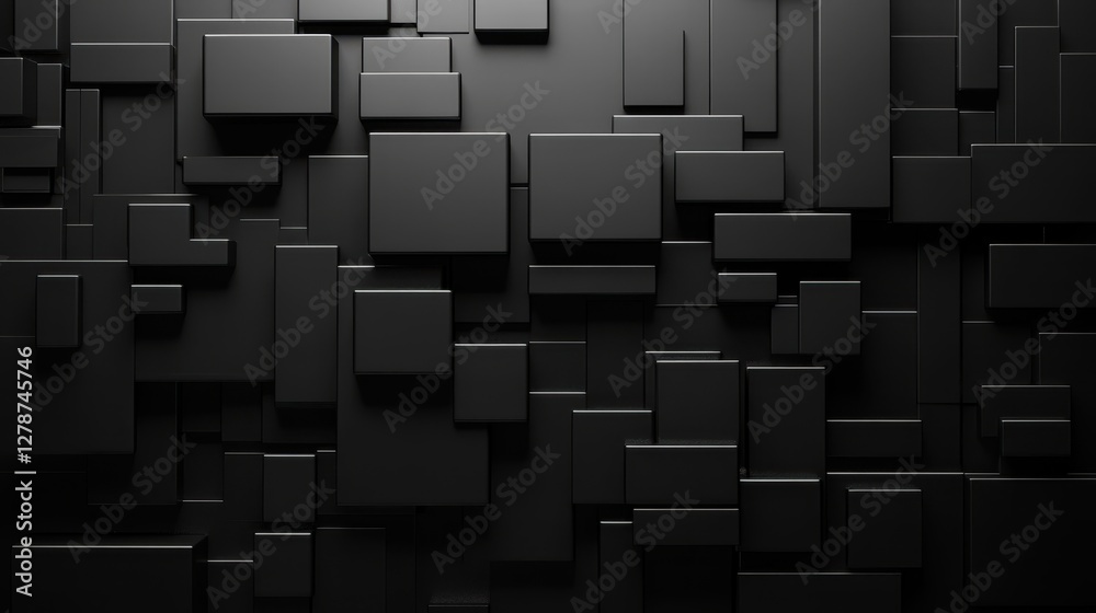 Geometric blocks of varying sizes and shapes create a striking contrast against a black background in this 3D render. Geometric blocks of varying sizes and shapes create a striking contrast against a black background in this 3D render.