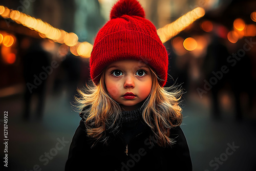 Adorable Girl in Red Knit Hat