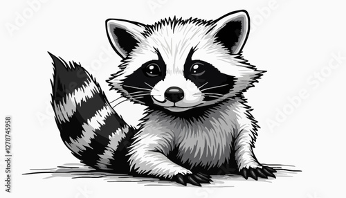 Grayscale Drawing of Cute Raccoon Sitting on Ground, Facing Viewer