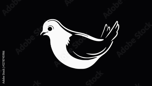 Minimalist Black and White Bird in Simple Style Against Solid Black Background