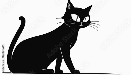 Black Cat Silhouette in Simple Style Against White Background