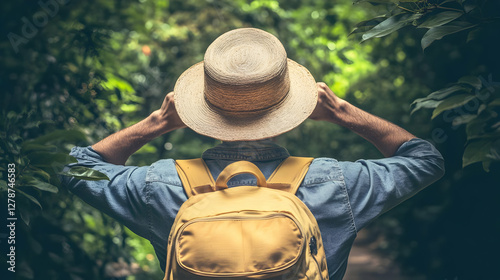 Traveler in Lush Green Fore...