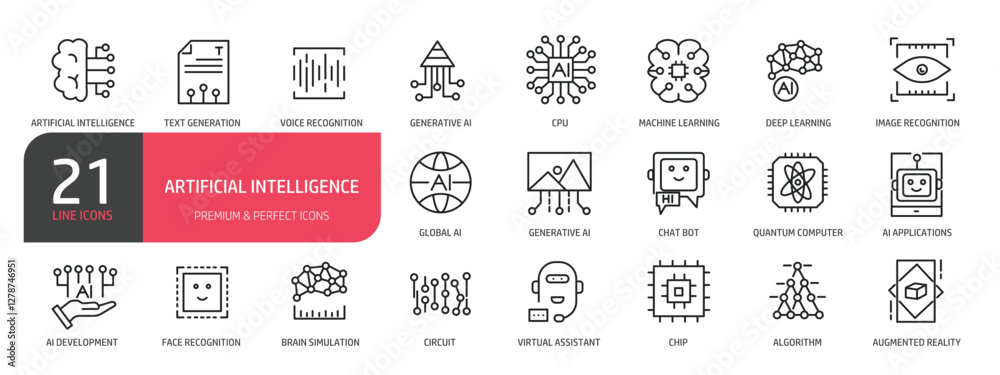 Set of line icons artificial intelligence, machine learning, chat bot, virtual assistant, chip. Outline icons collection. Editable stroke. Vector illustration. stock illustration Set of line icons artificial intelligence, machine learning, chat bot, virtual assistant, chip. Outline icons collection. Editable stroke. Vector illustration. stock illustration
