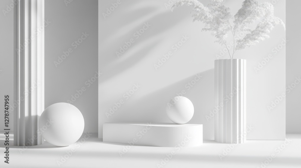 White geometric shapes are rendered in 3D, featuring clean lines and simple forms against a minimalist backdrop. White geometric shapes are rendered in 3D, featuring clean lines and simple forms against a minimalist backdrop.