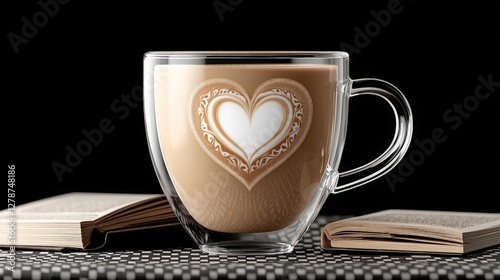 Glass Coffee Cup with Heart Latte Art on Books photo