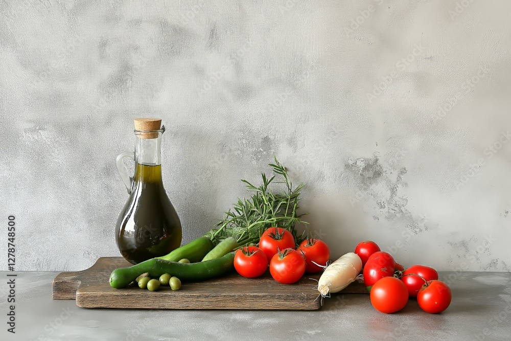 Fresh vegetables arranged with extra virgin olive oil for cooking and dressing, showcasing healthy elimination diet foods. Concept explores benefits of elimination diet foods Fresh vegetables arranged with extra virgin olive oil for cooking and dressing, showcasing healthy elimination diet foods. Concept explores benefits of elimination diet foods